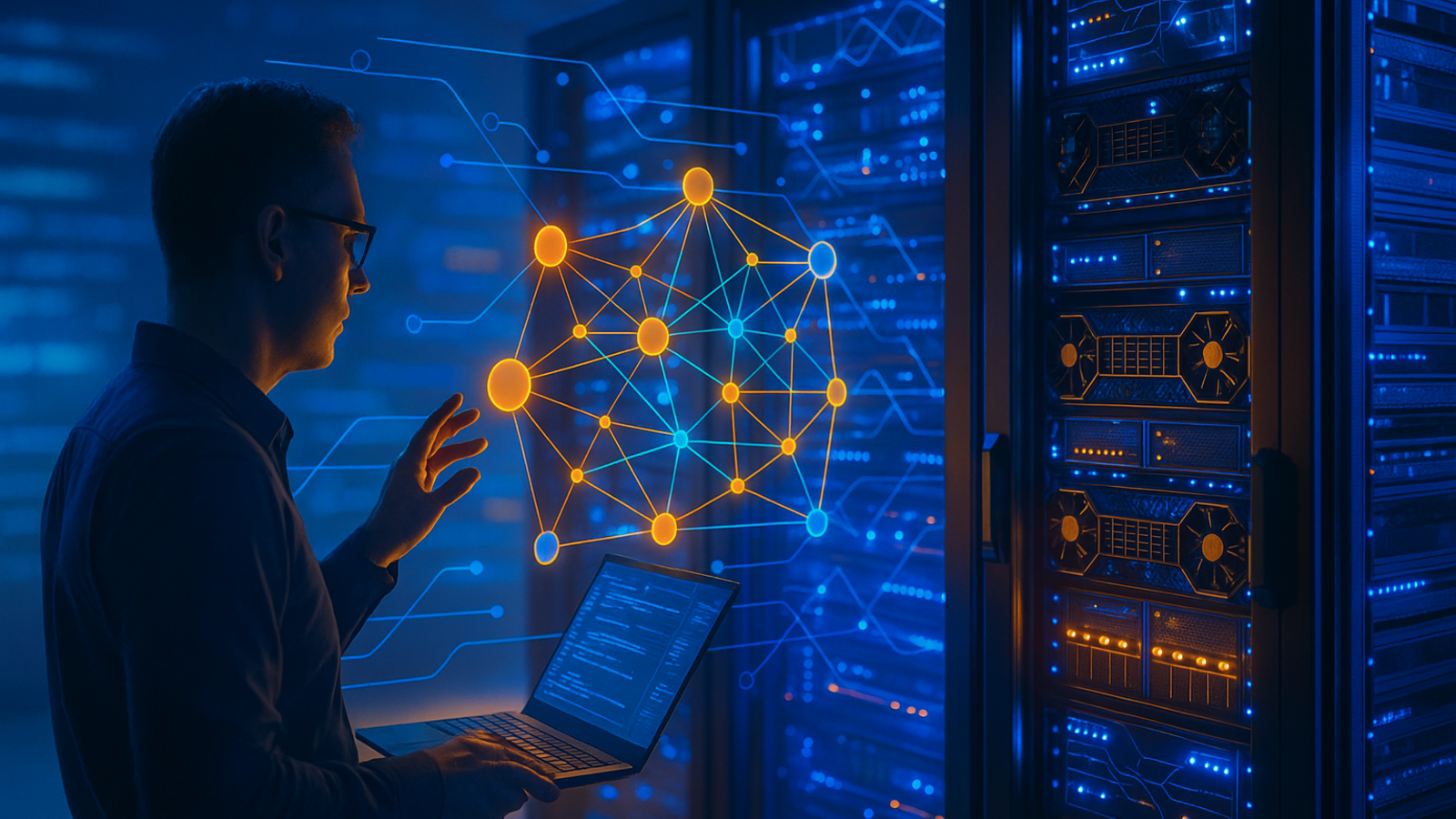 Futuristic data center visualization showing AI infrastructure with neural network patterns and GPU clusters