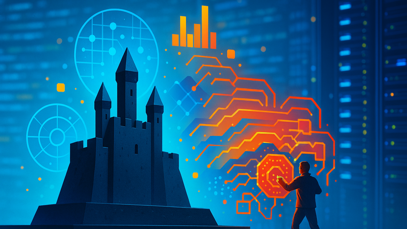 Symbolic AI model war between rival neural systems and data streams