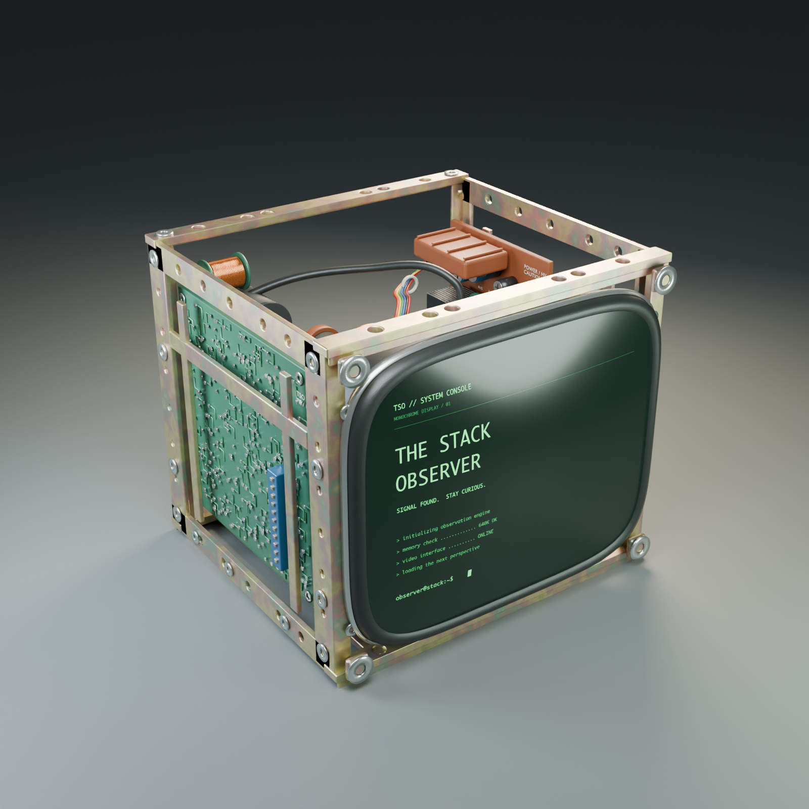 The reusable open-frame CRT model, with exposed electronics and a green terminal display.