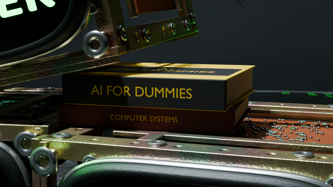 Two books supporting the raised side of the logo monitor, with AI FOR DUMMIES visible on the upper spine.