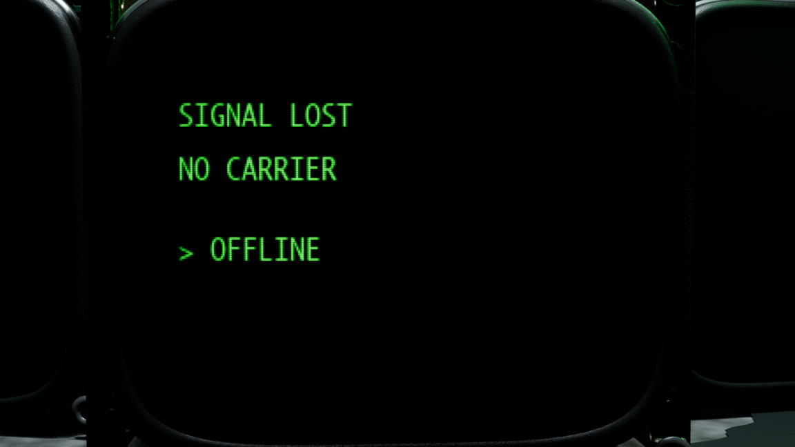 A close-up of green SIGNAL LOST, NO CARRIER, and OFFLINE text on the curved CRT screen.