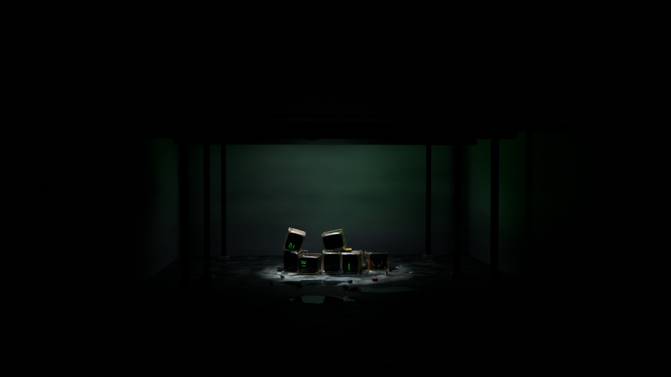 The revised opening composition, with the small CRT pile centered horizontally in the lower third of a dark warehouse.