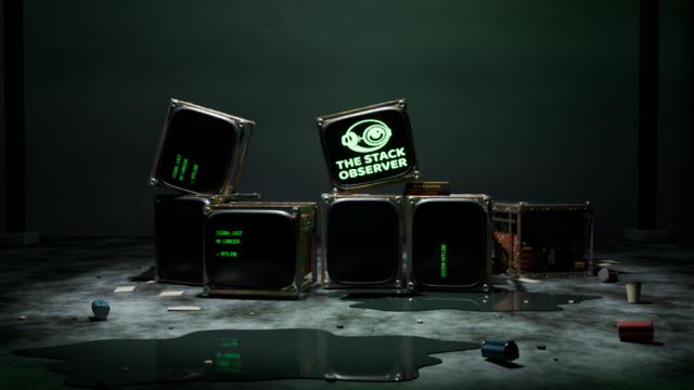 A later warehouse render showing the angled CRT pile, green logo, book support, litter, and reflective puddles.