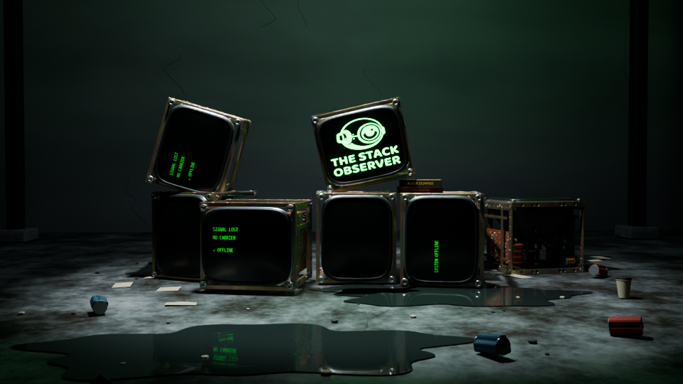 A later warehouse render showing the angled CRT pile, green logo, book support, litter, and reflective puddles.